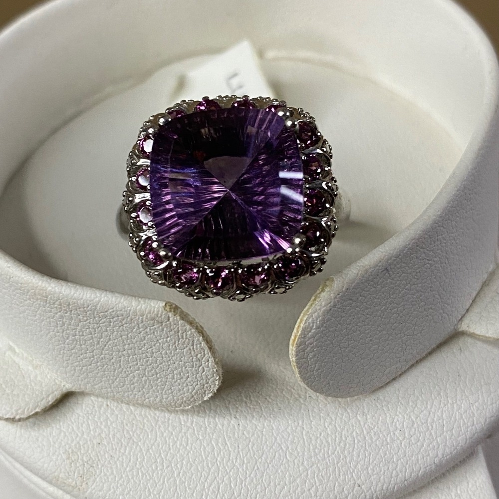 Cushion Purple Fluorite & Rhodolite Garnet‎ Sterling Silver 925 Ring Halo Sz 9 - Picture 5 of 9